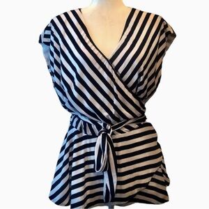 LOFT Women Top, Wrap Blouse in Blue and White Stripes, Size M
